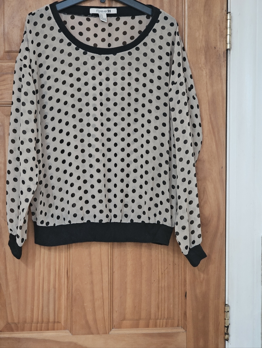 Forever 21 Beige and Black Polka Dot Scoop Neck Long Sleeve Sheer Top, Size M